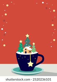 Illustration of a teacup decorated with a Christmas tree and house and a glitter background