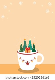 Illustration of a teacup decorated with Christmas trees and gifts and a snowflake background