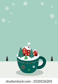 Illustration of a teacup decorated with Christmas trees and houses and a snowflake background