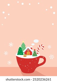 Illustration of a teacup decorated with Christmas trees and houses and a snowflake background