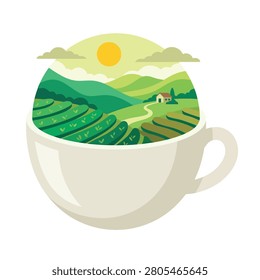 Illustration of a teacup filled with a serene green tea plantation landscape