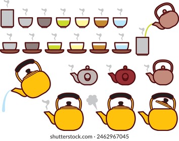 Ilustración de taza de té, tetera y hervidor de agua