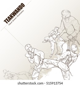 Illustration of teakwando. hand drawn. teakwando poster. Sport background.