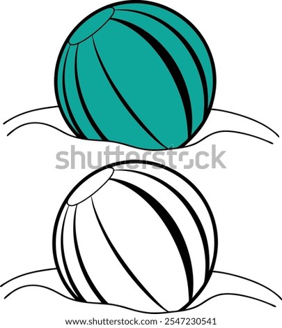 Illustration of a teal beach ball partially submerged in water, shown with and without color. Simple design, summery theme. Ideal for kids activities.