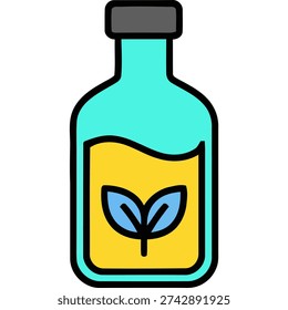 An illustration of a teal bottle with a yellow label and blue leaves.