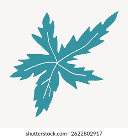 Illustration of a teal leaf with jagged edges on a white background. The leaf design is simple and artistic, featuring a bold teal color and unique shape. Vintage illustration vector.