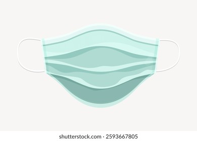 Illustration of a teal surgical mask. The mask has ear loops and layered design. Teal mask with ear loops. Surgical mask illustration in teal color. Isolated vector illustration.