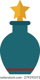 Illustration of a teal vase with a red base and a yellow star on the cork, isolated on white background.