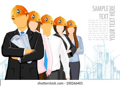 illustration of team of architect wearing hardhat on under construction site