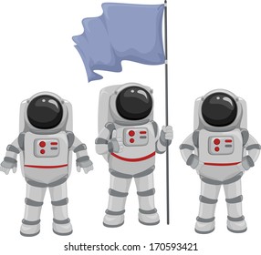 Illustration of a Team of Astronauts Huddled Under a Blank Flag