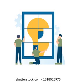 Illustration Of A Team Of Boys Trying To Work Together To Solve A Randomized Jigsaw Puzzle. Teamwork Concept, Ideas And Solutions, Solving A Problem. Obstacles And Challenges. Flat Style. Design Element