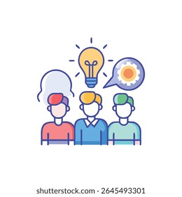 Illustration of a team brainstorming with a lightbulb representing ideas, flat design style and blue outlines against White Background.