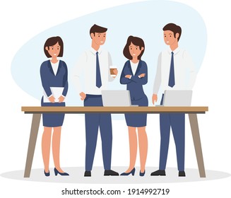 Illustration of a team business group discussing progress for the company