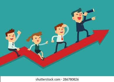 Illustration Of Team Of Businessman On Arrow Graph. Team Leader Has Telescope And Leading His Team To Success