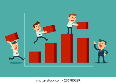 Illustration Of Team Of Businessman Working Together To Build Bar Chart