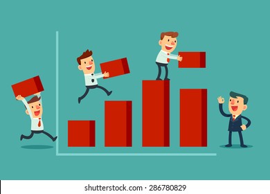 Illustration of team of businessman working together to build bar chart