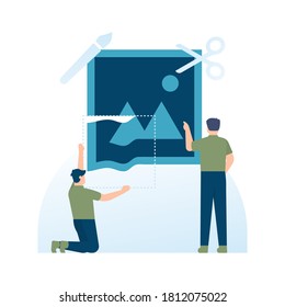 illustration of a team cutting or fixing a photo. image editor concept, enhance or beautify image quality, graphic design, freelance. flat style. UI design elements