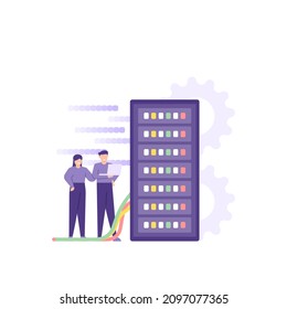 illustration of a team doing maintenance and repairs on a server device. server admin, database management staff. work and profession. flat cartoon style. vector design. element