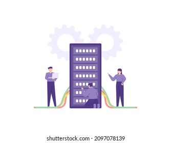 illustration of a team doing maintenance and repairs on a server device. server admin, database management staff. work and profession. flat cartoon style. vector design. element