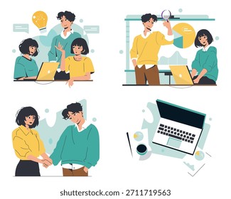 Illustration eines Teams, das an einer Diskussion, Präsentation und Handschlag teilnimmt und die Zusammenarbeit zeigt. Das Set enthält einen Laptop mit Diagrammen und Grafiken, die Teamarbeit und Kreativität widerspiegeln.