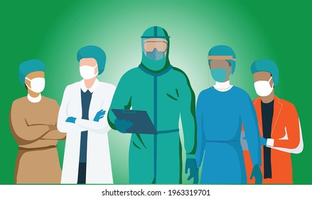 illustration of the team and group of corona virus health workers in colorful anti-virus clothes on a green gradation background
