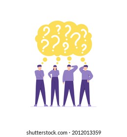 illustration of a team or group thinking about finding answers. the concept of teamwork, negotiating, brainstorming. Frequently asked questions or FAQs. online support center. flat cartoon style