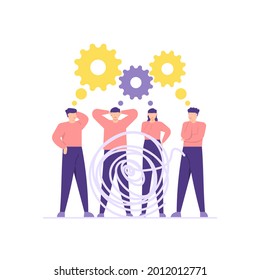 illustration of a team or group trying to solve a problem. the concept of teamwork, problem solving, negotiating, brainstorming. gear and tangled threads. flat cartoon style. vector design