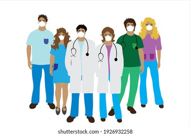 Illustration of team of hospital staff with medical mask. Symbol of covid-19 and doctor.