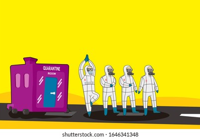 
Illustration of a team lining up to solve the virus.Quarantine Squad. 