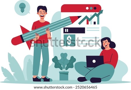 Illustration of a team planning the visual concept of the financial budget of a digital business that uses technology in all its activities. flat and colorful design illustration