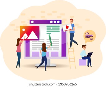 Illustration team Programmers, designers, video editors, copywriters build a new site. website under construction. design Landing page.