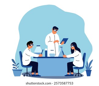 Illustration of a team of scientists conducting experiments in a lab, representing research, teamwork, innovation, and scientific discovery