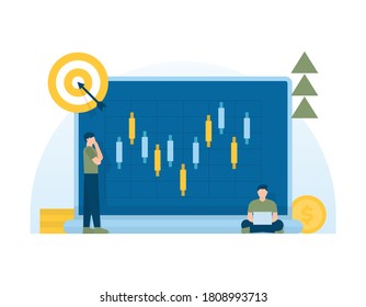 illustration of a team of traders observing the movement of stock data traffic that appears on a laptop screen. concept of trading, investing, analyzing. graphs and charts. flat style. UI element