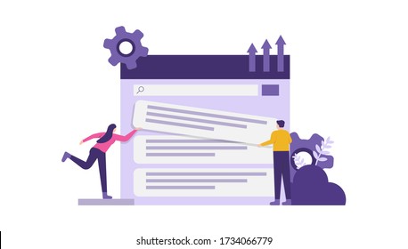 illustration of a team trying to put the web board in the top or first position. the concept of teamwork, SEO marketing, SEO optimization. flat design. can be used for elements, landing pages, UI.