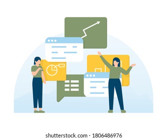 illustration of a team of women analyzing chart data.  Data analysis company management strategy and planning concept. Statistical presentation. flat style. UI element design.