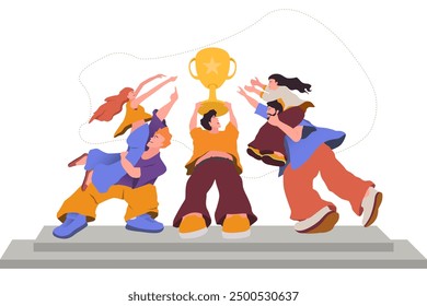 illustration of teamwork to achieve goals, trophy as a symbol of success and height. flat illustration design