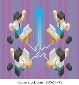 Illustration of a teamwork achieving success working in a computer network, in isometric old video game style. The grunge texture is removable from the background.