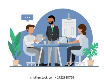 Illustration. Teamwork business meeting in the office. Conference. working with tablets and laptops. Coworkers discussing new ideas. Vector
