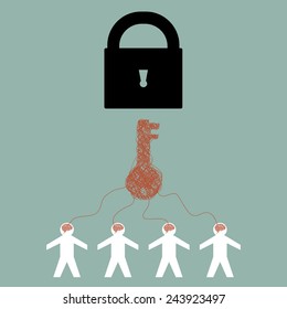Illustration of teamwork concept with brain, man, key and lock