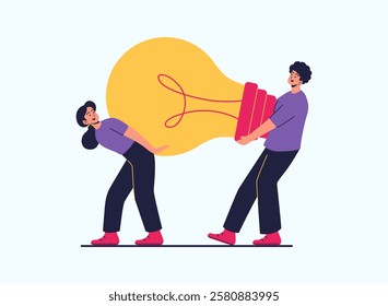 Illustration of an Teamwork Lifting Light Bulb Cartoon