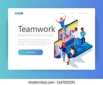 Illustration of teamwork on a digital product. People work together to solve the problem. Site layout, landing page. Isometric 3d