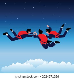 illustration of teamwork to overcome difficulties with courage to take risks and dare to achieve target concept, fearless ambitious entrepreneur with motivation to succeed.