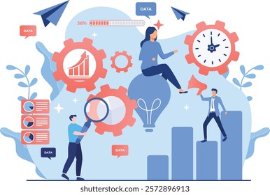 Illustration of teamwork and process optimization with gears and data visuals. Ideal for business, collaboration, and workflow projects.