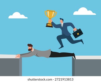 Illustration der Teamarbeit und Unterstützung, wo ein Geschäftsmann sich hinlegt, um eine Kluft zu überbrücken, sodass sein Kollege nach vorne springen und Erfolg haben kann