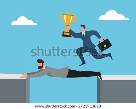 Illustration of teamwork and support where one businessman lies down to bridge a chasm, allowing his colleague to leap forward and succeed