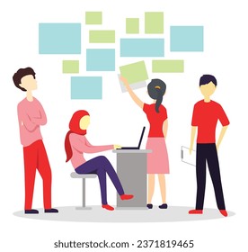 Illustration: Teamwork, workshop, meeting, and brainstorming with coworkers or team members. Flat, simple, minimalist design in a vibrant red color for a clean and engaging visual representation.