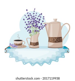 Illustration of a teapot, a cup and a milk jug with a bouquet of lavender. The concept of a French breakfast. Vector.