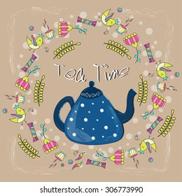 Illustration with teapot and cups. Tea time illustration.