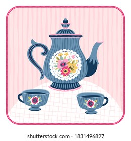 Ilustración con tetera y tazas. Plantilla para tarjeta o impresión