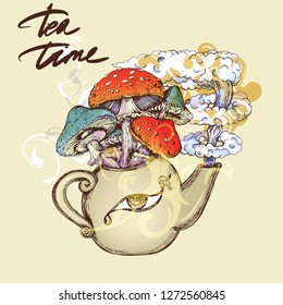 Illustration teapot with fly agaric tea time vector